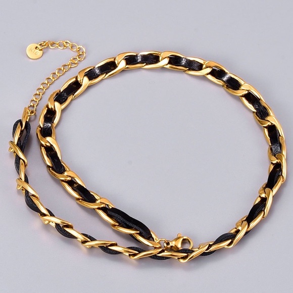 18k gold stamped vermeil titanium & leather necklace - Picture 2 of 4